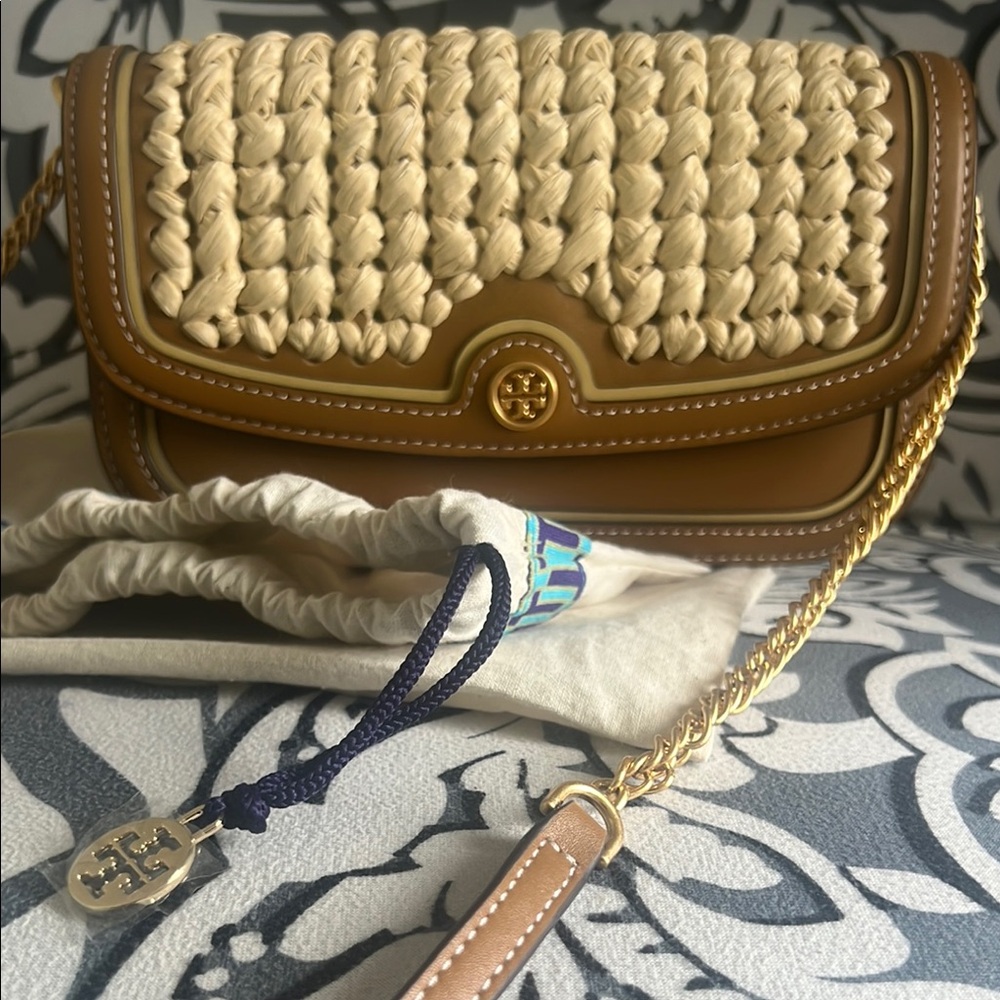 Tory Burch Tan and Cream Crossbody Bag with Woven Detail NWT